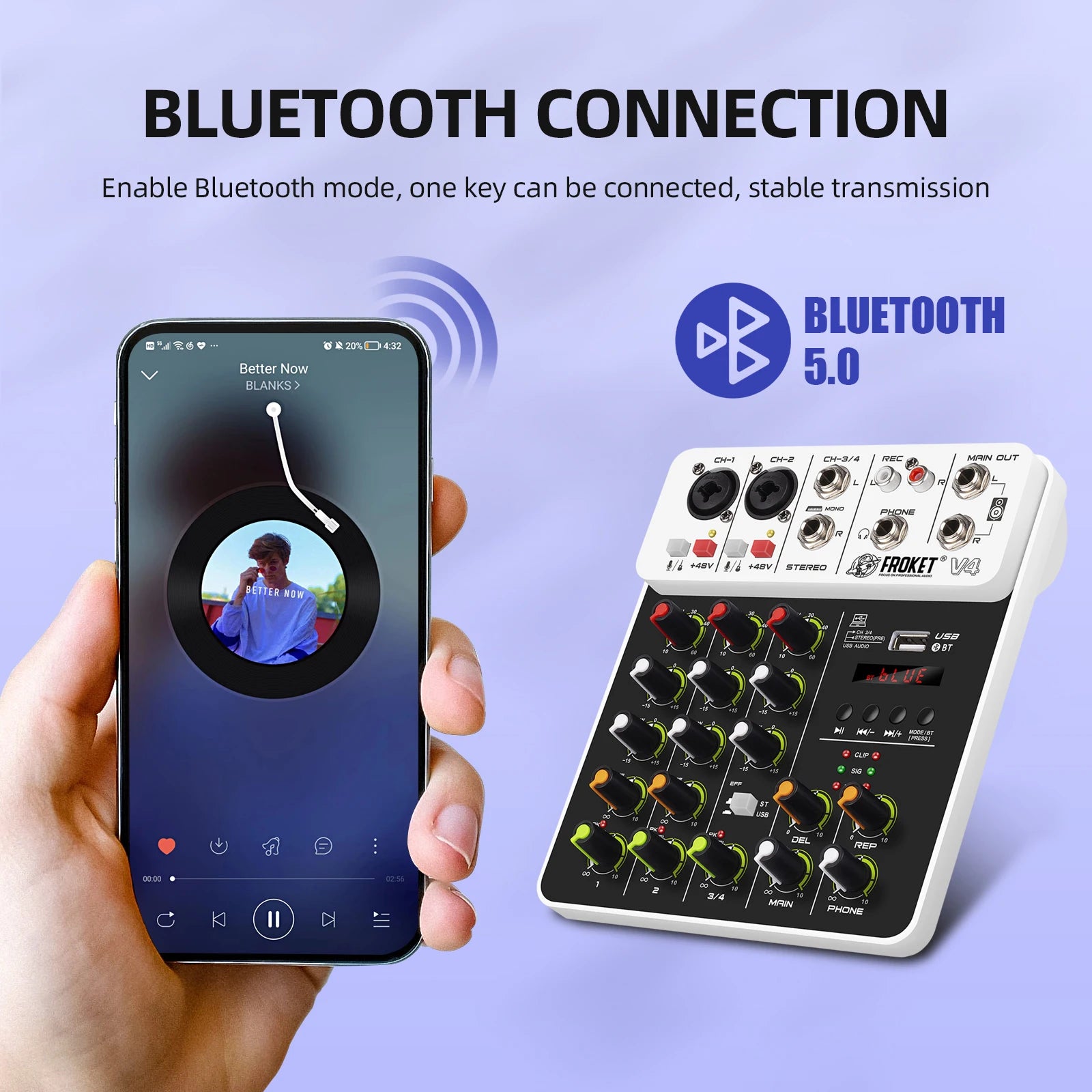 V4 Audio Interface Mixer with Bluetooth USB Recording