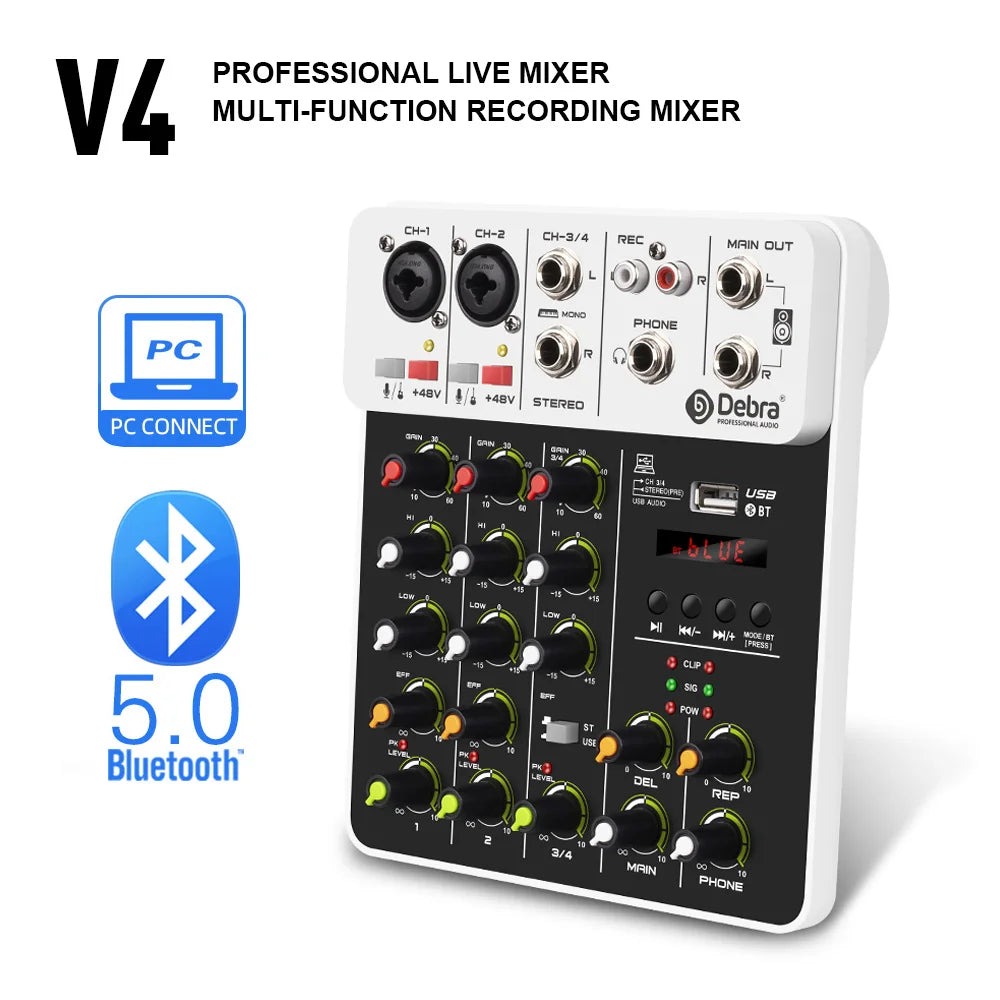 V4 Audio Interface Mixer with Bluetooth USB Recording